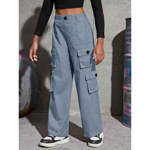 SweatyRocks Girl's Casual Elastic High Waist Zip Up Cargo Pants Wide Leg Trousers with Flap Pocket
