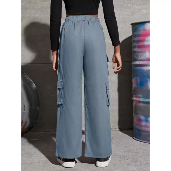 SweatyRocks Girl's Casual Elastic High Waist Zip Up Cargo Pants Wide Leg Trousers with Flap Pocket