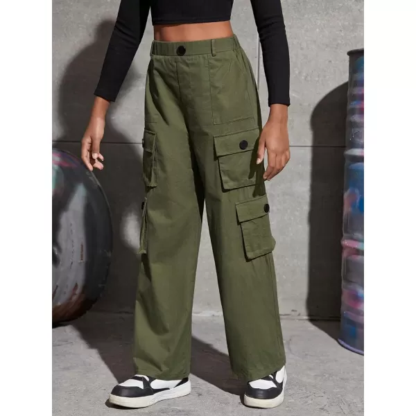 SweatyRocks Girl's Casual Elastic High Waist Zip Up Cargo Pants Wide Leg Trousers with Flap Pocket