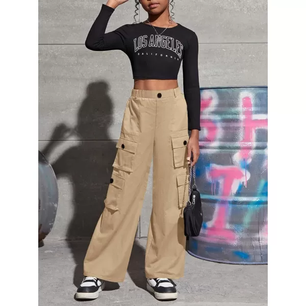 SweatyRocks Girl's Casual Elastic High Waist Zip Up Cargo Pants Wide Leg Trousers with Flap Pocket