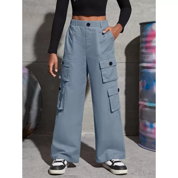 SweatyRocks Girl's Casual Elastic High Waist Zip Up Cargo Pants Wide Leg Trousers with Flap Pocket