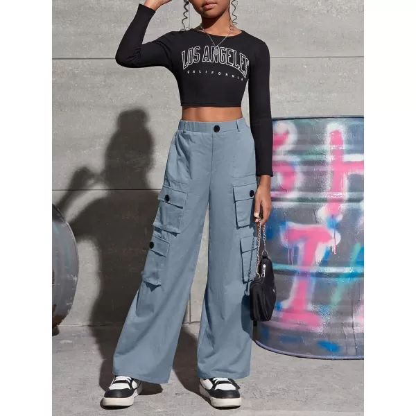SweatyRocks Girl's Casual Elastic High Waist Zip Up Cargo Pants Wide Leg Trousers with Flap Pocket