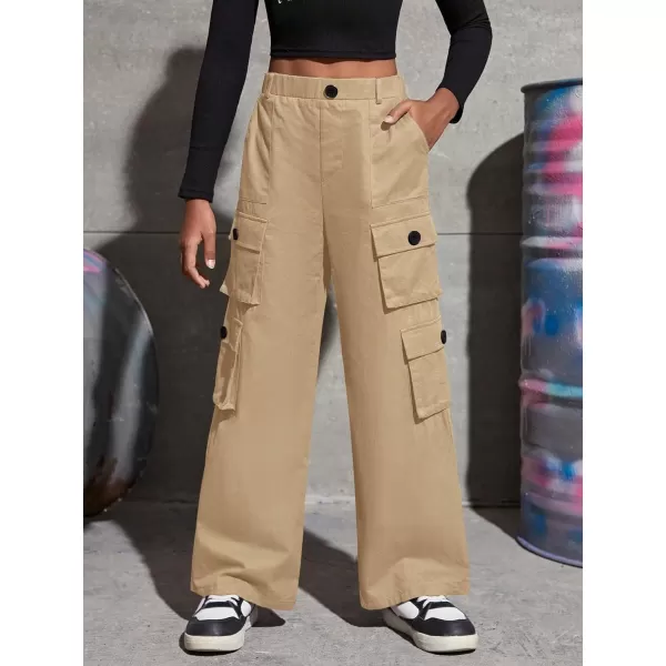 SweatyRocks Girl's Casual Elastic High Waist Zip Up Cargo Pants Wide Leg Trousers with Flap Pocket