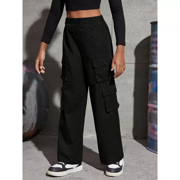 SweatyRocks Girl's Casual Elastic High Waist Zip Up Cargo Pants Wide Leg Trousers with Flap Pocket