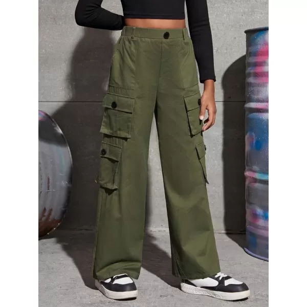 SweatyRocks Girl's Casual Elastic High Waist Zip Up Cargo Pants Wide Leg Trousers with Flap Pocket