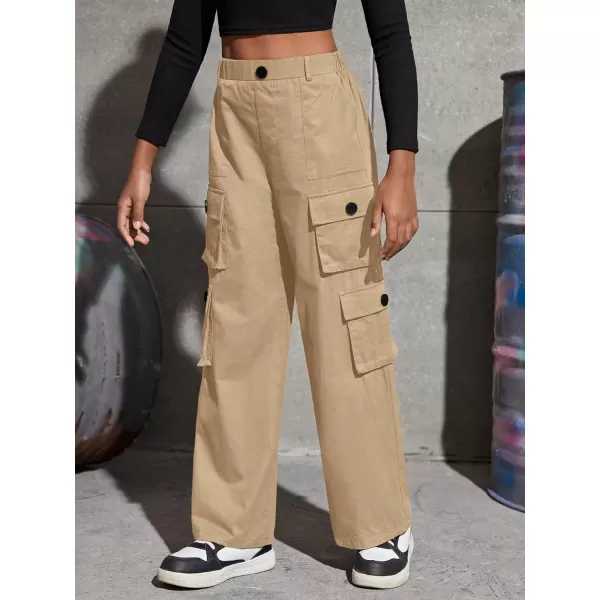 SweatyRocks Girl's Casual Elastic High Waist Zip Up Cargo Pants Wide Leg Trousers with Flap Pocket