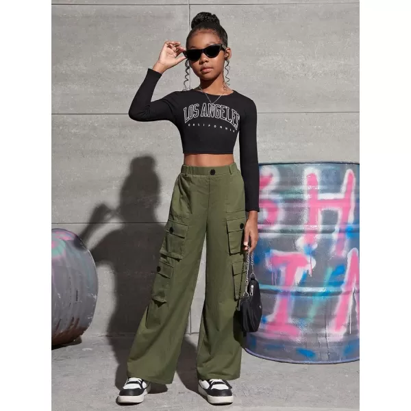 SweatyRocks Girl's Casual Elastic High Waist Zip Up Cargo Pants Wide Leg Trousers with Flap Pocket