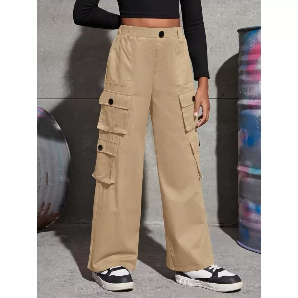 SweatyRocks Girl's Casual Elastic High Waist Zip Up Cargo Pants Wide Leg Trousers with Flap Pocket