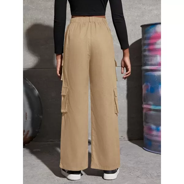 SweatyRocks Girl's Casual Elastic High Waist Zip Up Cargo Pants Wide Leg Trousers with Flap Pocket