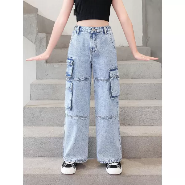 SweatyRocks Girl's Casual Elastic Waist Zip Up Denim Pants Straight Leg Cargo Jeans with Pocket