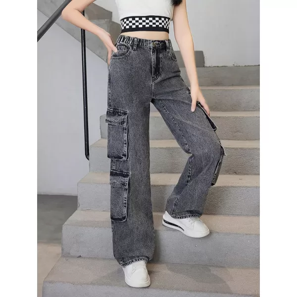 SweatyRocks Girl's Casual Elastic Waist Zip Up Denim Pants Straight Leg Cargo Jeans with Pocket