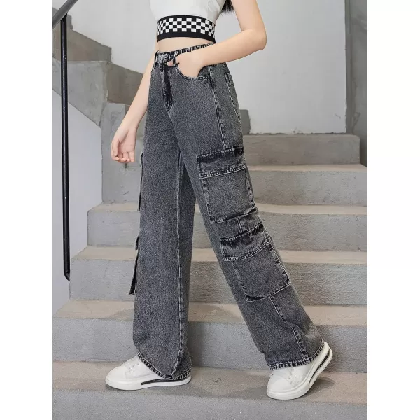 SweatyRocks Girl's Casual Elastic Waist Zip Up Denim Pants Straight Leg Cargo Jeans with Pocket