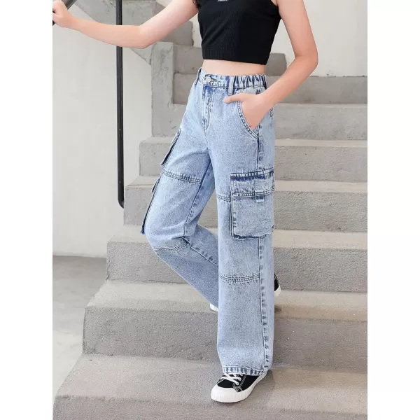 SweatyRocks Girl's Casual Elastic Waist Zip Up Denim Pants Straight Leg Cargo Jeans with Pocket