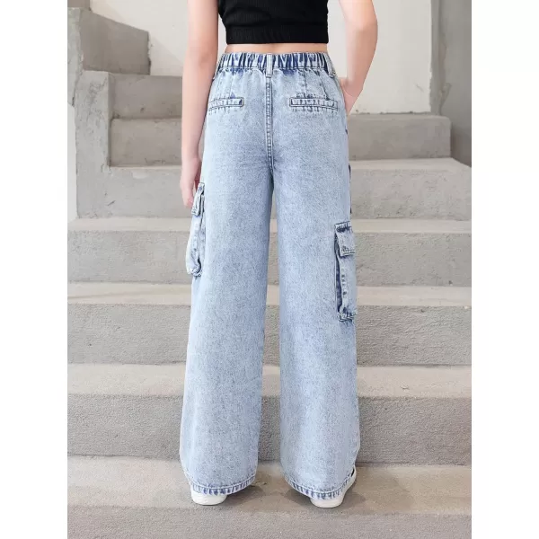 SweatyRocks Girl's Casual Elastic Waist Zip Up Denim Pants Straight Leg Cargo Jeans with Pocket