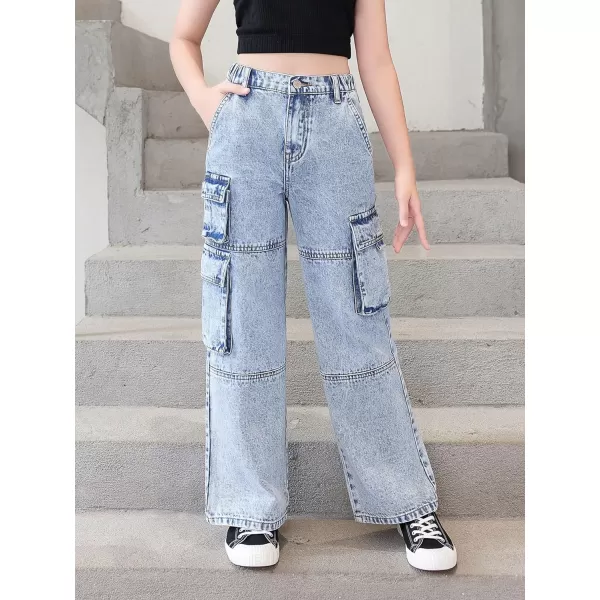 SweatyRocks Girl's Casual Elastic Waist Zip Up Denim Pants Straight Leg Cargo Jeans with Pocket