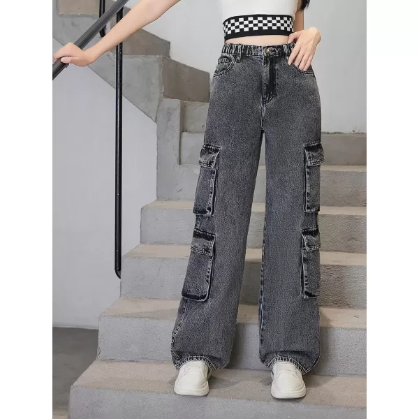 SweatyRocks Girl's Casual Elastic Waist Zip Up Denim Pants Straight Leg Cargo Jeans with Pocket
