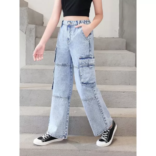 SweatyRocks Girl's Casual Elastic Waist Zip Up Denim Pants Straight Leg Cargo Jeans with Pocket