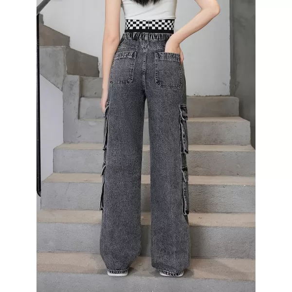 SweatyRocks Girl's Casual Elastic Waist Zip Up Denim Pants Straight Leg Cargo Jeans with Pocket