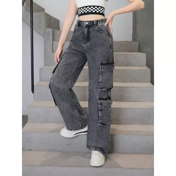SweatyRocks Girl's Casual Elastic Waist Zip Up Denim Pants Straight Leg Cargo Jeans with Pocket