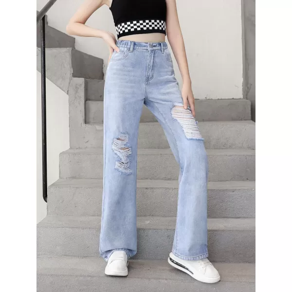 SweatyRocks Girl's Casual High Elastic Waist Ripped Jeans Straight Leg Denim Pants with Pocket