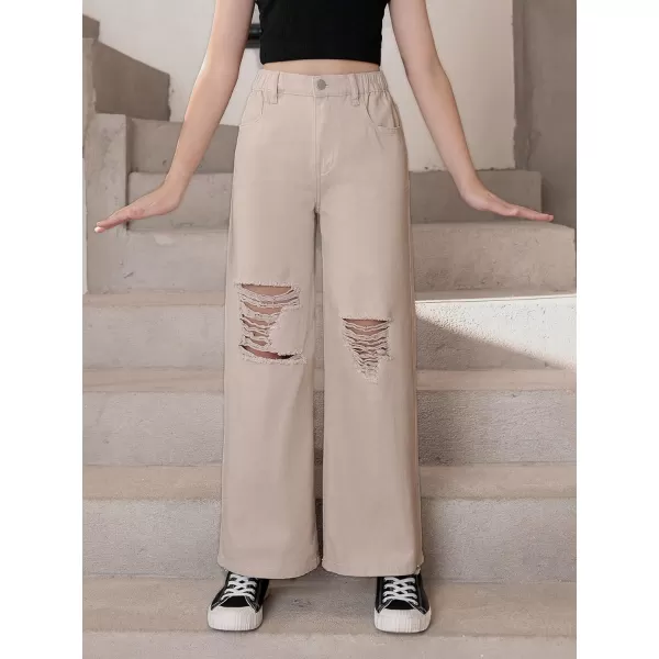 SweatyRocks Girl's Casual High Elastic Waist Ripped Jeans Straight Leg Denim Pants with Pocket