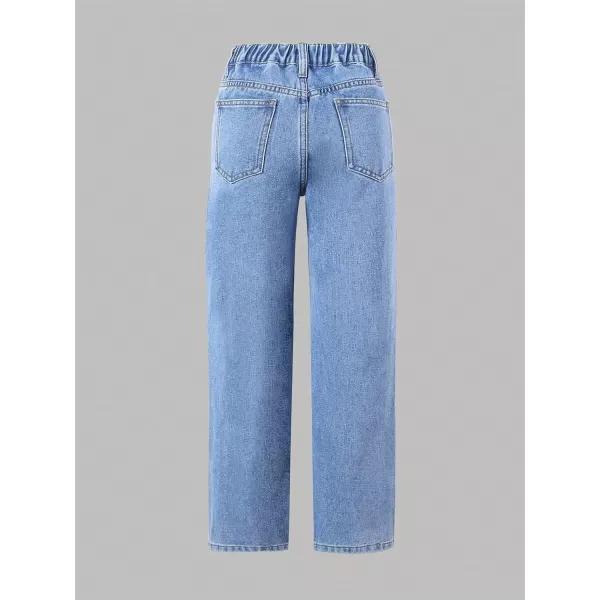SweatyRocks Girl's Casual High Elastic Waist Ripped Jeans Straight Leg Denim Pants with Pocket