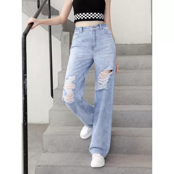 SweatyRocks Girl's Casual High Elastic Waist Ripped Jeans Straight Leg Denim Pants with Pocket