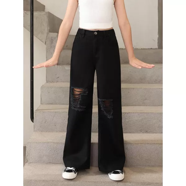 SweatyRocks Girl's Casual High Elastic Waist Ripped Jeans Straight Leg Denim Pants with Pocket