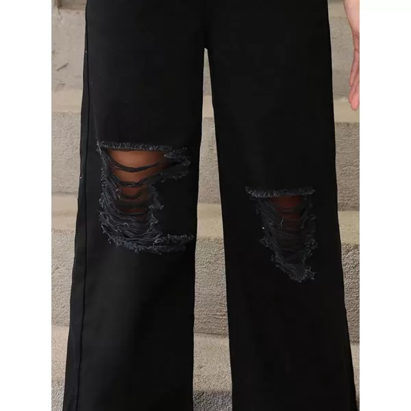 SweatyRocks Girl's Casual High Elastic Waist Ripped Jeans Straight Leg Denim Pants with Pocket