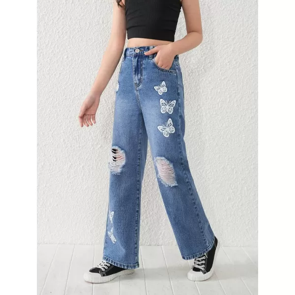 SweatyRocks Girl's Casual High Elastic Waist Ripped Jeans Straight Leg Denim Pants with Pocket