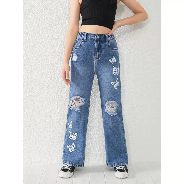 SweatyRocks Girl's Casual High Elastic Waist Ripped Jeans Straight Leg Denim Pants with Pocket