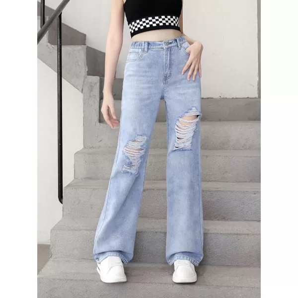SweatyRocks Girl's Casual High Elastic Waist Ripped Jeans Straight Leg Denim Pants with Pocket