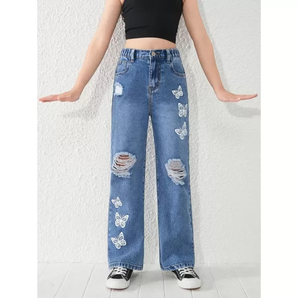 SweatyRocks Girl's Casual High Elastic Waist Ripped Jeans Straight Leg Denim Pants with Pocket