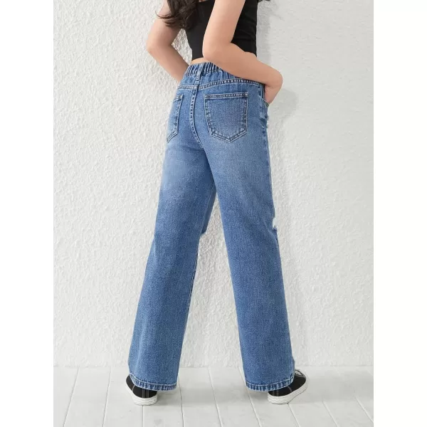 SweatyRocks Girl's Casual High Elastic Waist Ripped Jeans Straight Leg Denim Pants with Pocket