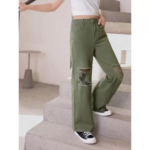 SweatyRocks Girl's Casual High Elastic Waist Ripped Jeans Straight Leg Denim Pants with Pocket