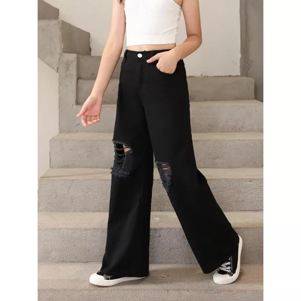 SweatyRocks Girl's Casual High Elastic Waist Ripped Jeans Straight Leg Denim Pants with Pocket
