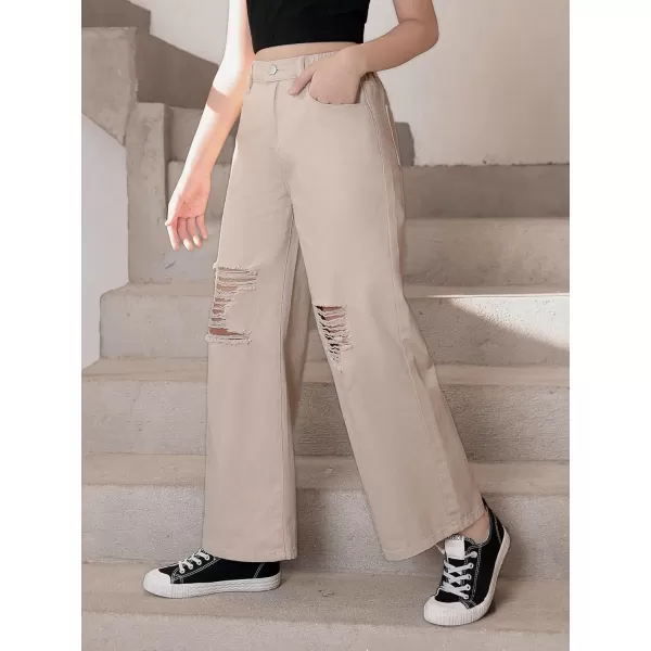 SweatyRocks Girl's Casual High Elastic Waist Ripped Jeans Straight Leg Denim Pants with Pocket