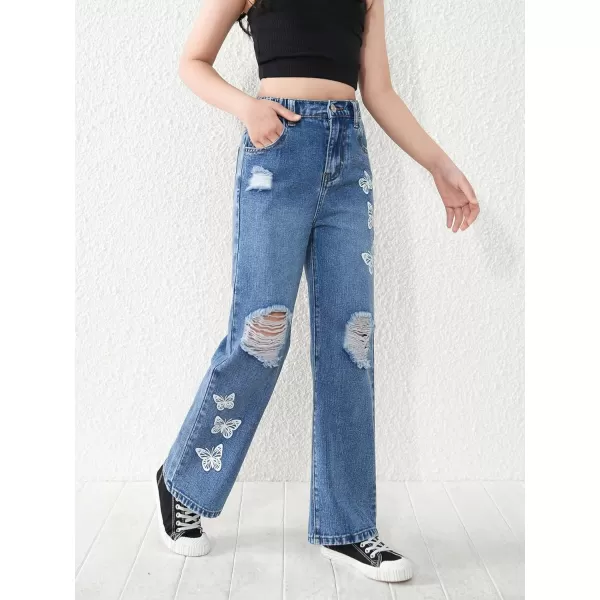 SweatyRocks Girl's Casual High Elastic Waist Ripped Jeans Straight Leg Denim Pants with Pocket