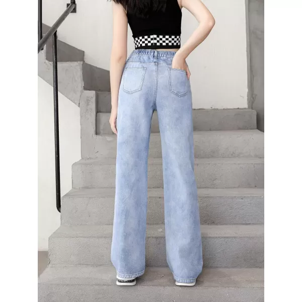 SweatyRocks Girl's Casual High Elastic Waist Ripped Jeans Straight Leg Denim Pants with Pocket