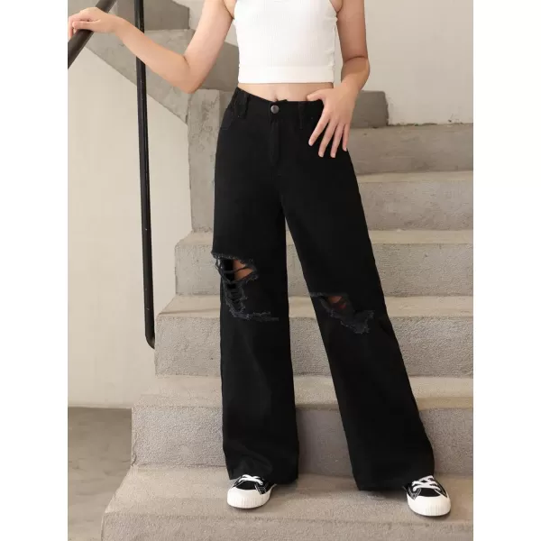 SweatyRocks Girl's Casual High Elastic Waist Ripped Jeans Straight Leg Denim Pants with Pocket