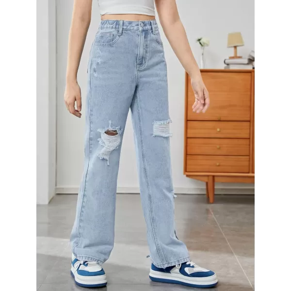 SweatyRocks Girl's Casual High Waisted Straight Leg Jeans Plain Denim Pants with Pocket