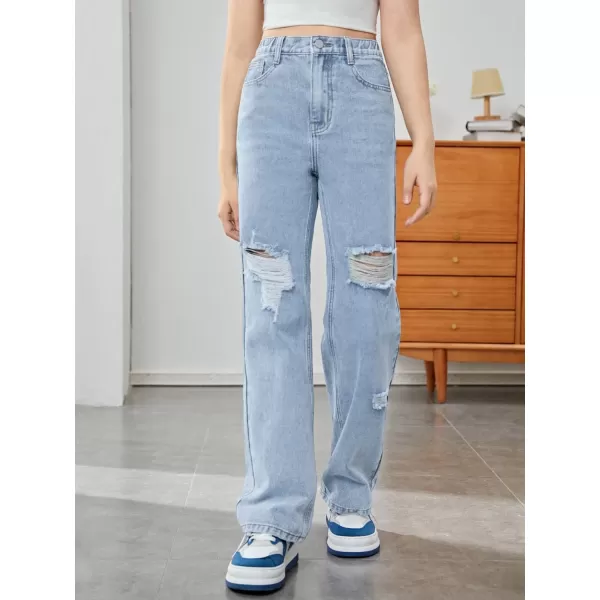 SweatyRocks Girl's Casual High Waisted Straight Leg Jeans Plain Denim Pants with Pocket