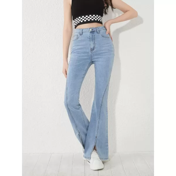 SweatyRocks Girl's Casual High Waisted Zip Up Jeans Flare Leg Split Hem Long Denim Pants