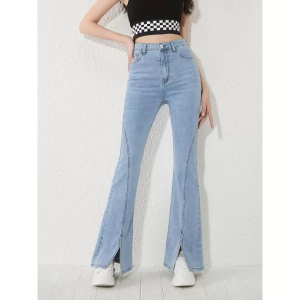 SweatyRocks Girl's Casual High Waisted Zip Up Jeans Flare Leg Split Hem Long Denim Pants