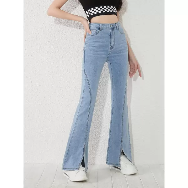 SweatyRocks Girl's Casual High Waisted Zip Up Jeans Flare Leg Split Hem Long Denim Pants
