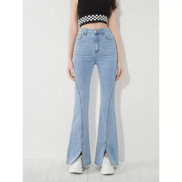 SweatyRocks Girl's Casual High Waisted Zip Up Jeans Flare Leg Split Hem Long Denim Pants