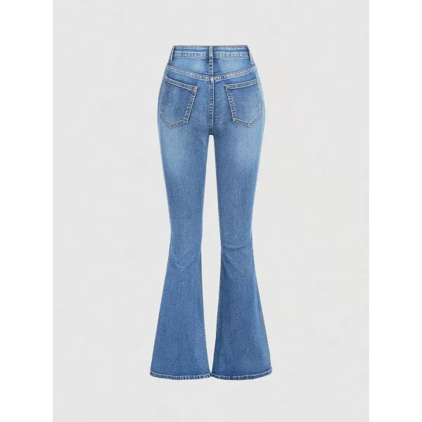 SweatyRocks Girl's Casual High Waisted Zip Up Jeans Solid Flare Leg Stretch Denim Pants
