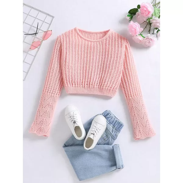 SweatyRocks Girl's Casual Round Neck Long Sleeve Lightweight Sweater Ribbed Knit Crochet Crop Tops Sweater