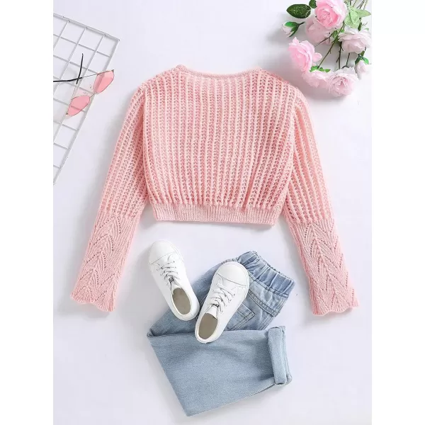 SweatyRocks Girl's Casual Round Neck Long Sleeve Lightweight Sweater Ribbed Knit Crochet Crop Tops Sweater