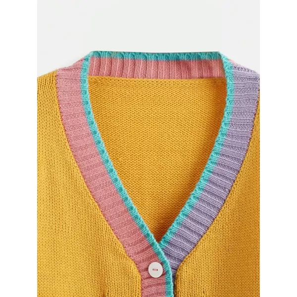 SweatyRocks Girl's Color Block Long Sleeve Button Up V Neck Drop Shoulder Cardigan Sweater with Pocket